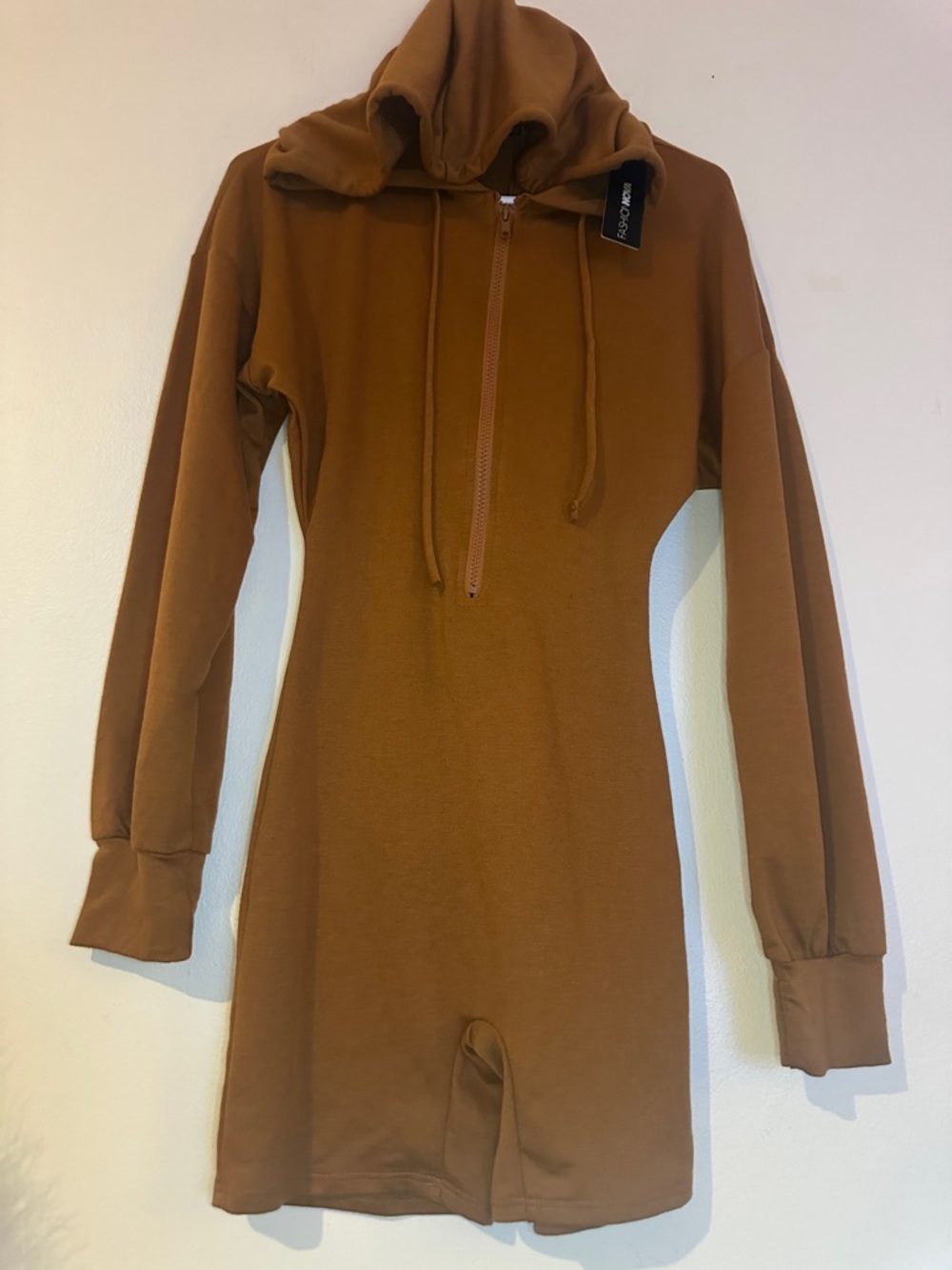 Fashion Nova Brown Hooded Long-Sleeve Romper Jumpsuit